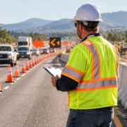 A work-zone safety supervisor checks traffic signs, cones, and barriers while vehicles pass a protected construction area.