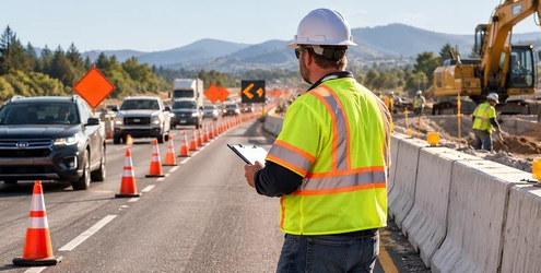 A work-zone safety supervisor checks traffic signs, cones, and barriers while vehicles pass a protected construction area.