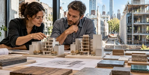 Architects and engineers compare building models and material samples to balance urban space, structural needs, and sustainability.