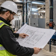 Engineer reviewing a mechanical room plan beside pumps, pipes, and HVAC equipment during construction.