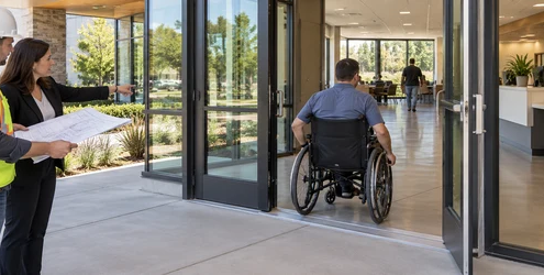 A wheelchair user enters a public building along a clear accessible route as an accessibility consultant reviews the entrance and interior circulation.