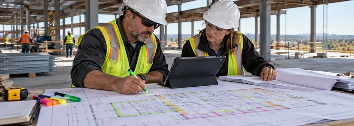 Estimators mark quantities on a commercial floor plan while comparing digital takeoff measurements on a tablet at the jobsite