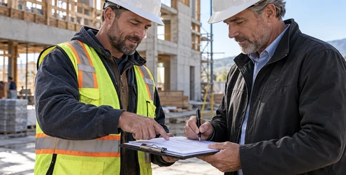 Contractor and property owner reviewing a payment waiver at a construction site