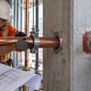 Plumbing and fire-stop crews coordinate a sleeved pipe passing through a concrete wall while checking drawings and seal clearance.