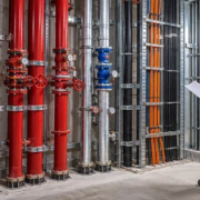 An MEP engineer and installers review organized pipe risers, valves, electrical conduits, and service clearances in a building riser room.