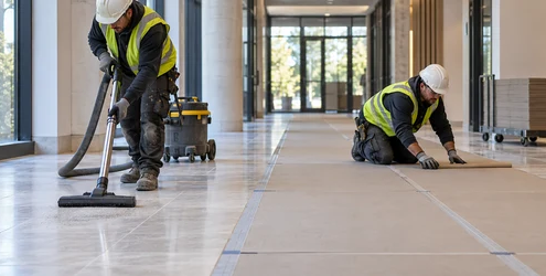 A worker vacuums a tiled corridor before laying flat protective panels to keep grit and foot traffic from damaging the new floor.