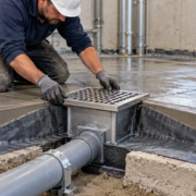 A plumber and inspector check a square box floor drain, waterproofing, and sloped commercial floor before the outlet is enclosed.