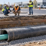 A drainage pipe runs through a larger protective casing beneath a commercial access road as an engineer checks alignment before backfill.