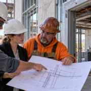 An engineer, architect, and plumbing contractor review a building section drawing to clarify a project detail before work proceeds.