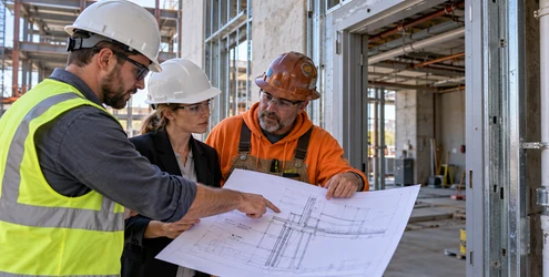 An engineer, architect, and plumbing contractor review a building section drawing to clarify a project detail before work proceeds.