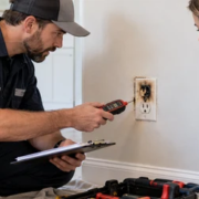 Electrician inspecting a burnt outlet with a homeowner at a repair estimate