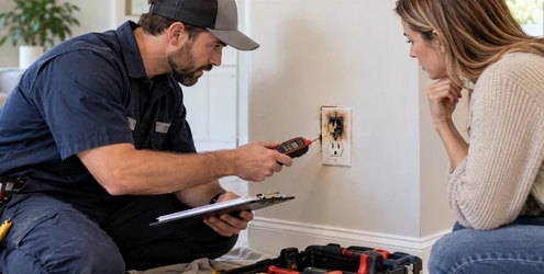 Electrician inspecting a burnt outlet with a homeowner at a repair estimate