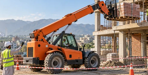 A telehandler lifts a pallet of bricks to an upper floor while a spotter keeps workers outside the exclusion zone.