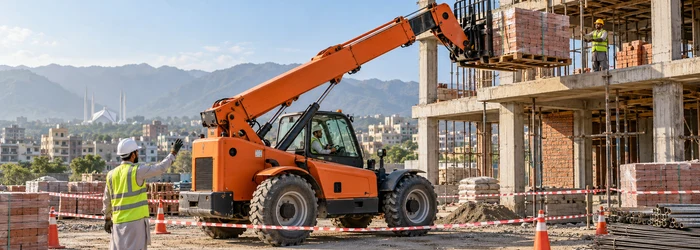 A telehandler lifts a pallet of bricks to an upper floor while a spotter keeps workers outside the exclusion zone.