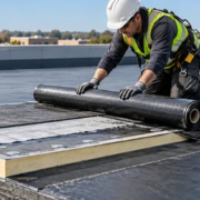 Roofer lays another membrane layer over the built-up materials on a flat roof.