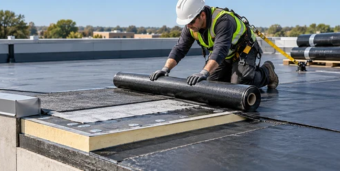 Roofer lays another membrane layer over the built-up materials on a flat roof.