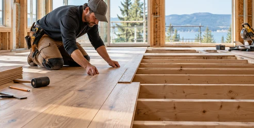 Carpenter installs timber floor planks over a framed subfloor in a house under construction.