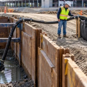 A sump pump dewaters a shored construction excavation while an engineer checks the hose and sediment-filtered discharge outlet.