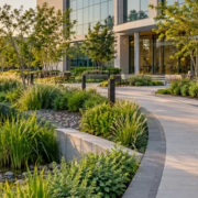 A landscaped commercial campus combines an accessible walkway, rain garden, drainage, native planting, and shaded seating.