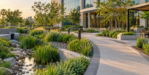 A landscaped commercial campus combines an accessible walkway, rain garden, drainage, native planting, and shaded seating.