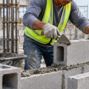 3324-feature-image A mason lays concrete hollow blocks with their open cores visible, showing how CHB forms a wall.