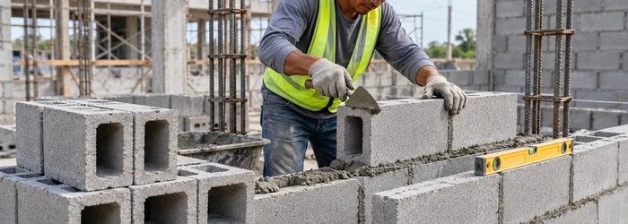 A mason lays concrete hollow blocks with their open cores visible, showing how CHB forms a wall.
