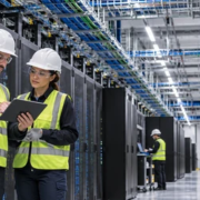 Engineers inspect server racks, power, cooling, and cable systems in a mission-critical data center.