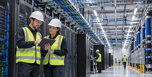Engineers inspect server racks, power, cooling, and cable systems in a mission-critical data center.