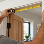 A carpenter measures and aligns door casing around the jamb to create a clean finished opening.