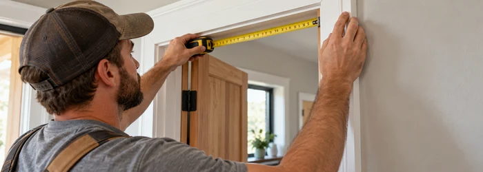 A carpenter measures and aligns door casing around the jamb to create a clean finished opening.