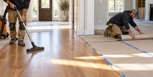 A worker vacuums a hardwood floor while another lays taped protective sheets to guard the finish from grit and construction traffic.
