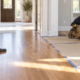 A worker vacuums a hardwood floor while another lays taped protective sheets to guard the finish from grit and construction traffic.