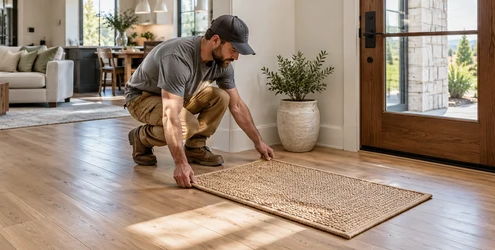 Contractor placing a compact 3-by-2-foot woven rug on the finished floor of a newly built home.
