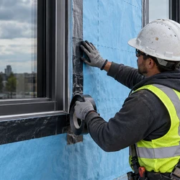 A construction worker tapes a water-resistive barrier around a window opening before exterior cladding is installed.