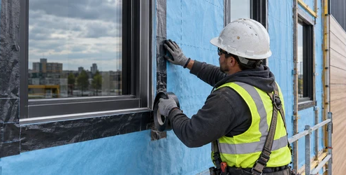 A construction worker tapes a water-resistive barrier around a window opening before exterior cladding is installed.