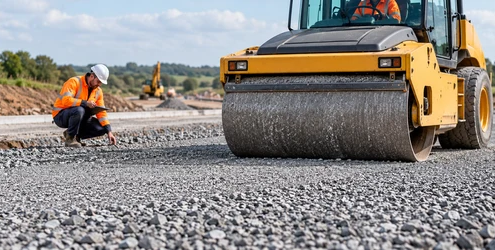 Road crew compacts graded MOT Type 1 aggregate for a stable road sub-base