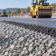 An engineer examines a compacted crushed-stone road sub-base as a roller and dump truck prepare the next roadway layer.