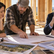A borrower, homebuilder, and lender review land equity documents, construction costs, and funding sources beside a framed house.