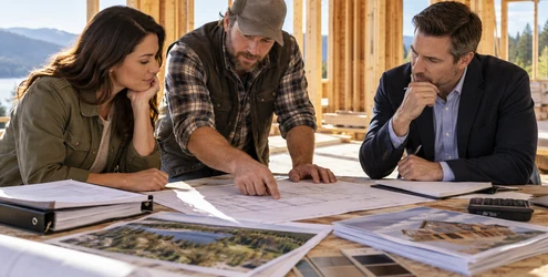 A borrower, homebuilder, and lender review land equity documents, construction costs, and funding sources beside a framed house.