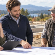 Homebuilder comparing construction loan options with a lender and contractor
