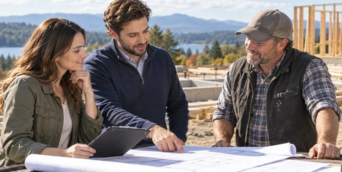 Homebuilder comparing construction loan options with a lender and contractor