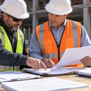 Subcontractor and general contractor verify an invoice, payment notice, and work records at an active commercial construction site