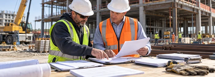 Subcontractor and general contractor verify an invoice, payment notice, and work records at an active commercial construction site