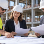 Contractor, project owner, and surety professional review construction plans, schedule, and performance bond obligations at an active commercial site