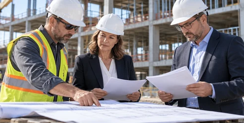 Contractor, project owner, and surety professional review construction plans, schedule, and performance bond obligations at an active commercial site