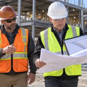 Owner representative, contractor, and inspector compare commercial construction work with plans and milestone schedule to document performance progress