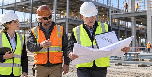 Owner representative, contractor, and inspector compare commercial construction work with plans and milestone schedule to document performance progress