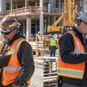 An owner representative and general contractor risk manager review separate coverage folders with subcontractor foremen at an active project.