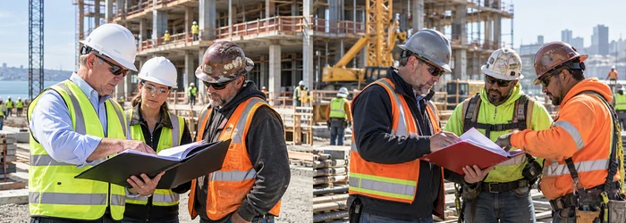 An owner representative and general contractor risk manager review separate coverage folders with subcontractor foremen at an active project.
