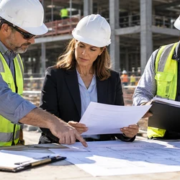 Project owner, contractor, and insurance professional check an OCIP enrollment list and policy documents at a commercial jobsite